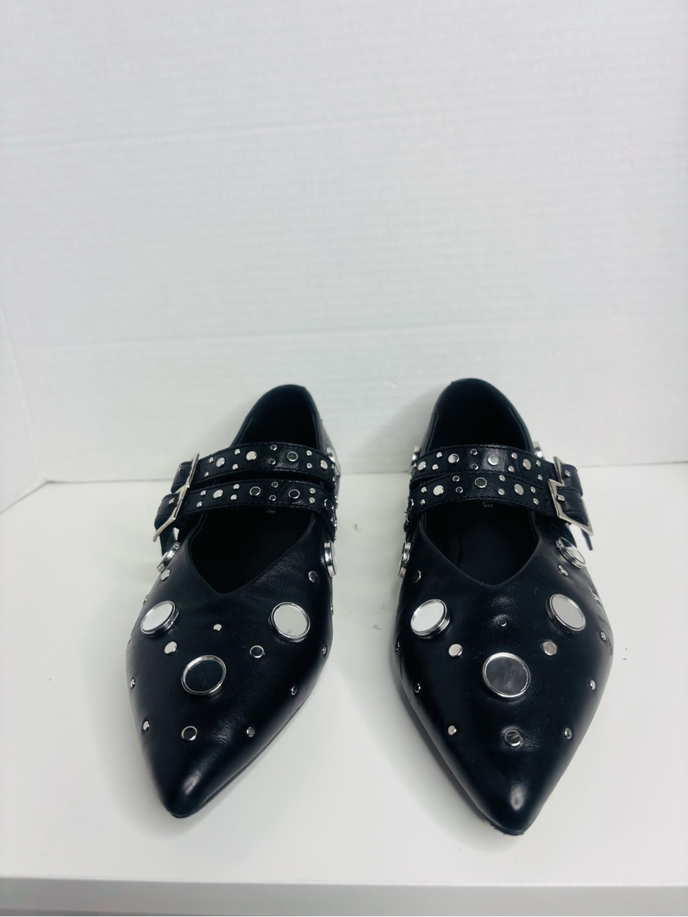 Free People Black Pointed Toe Double-Buckle Stud Flats - Picture 5 of 10